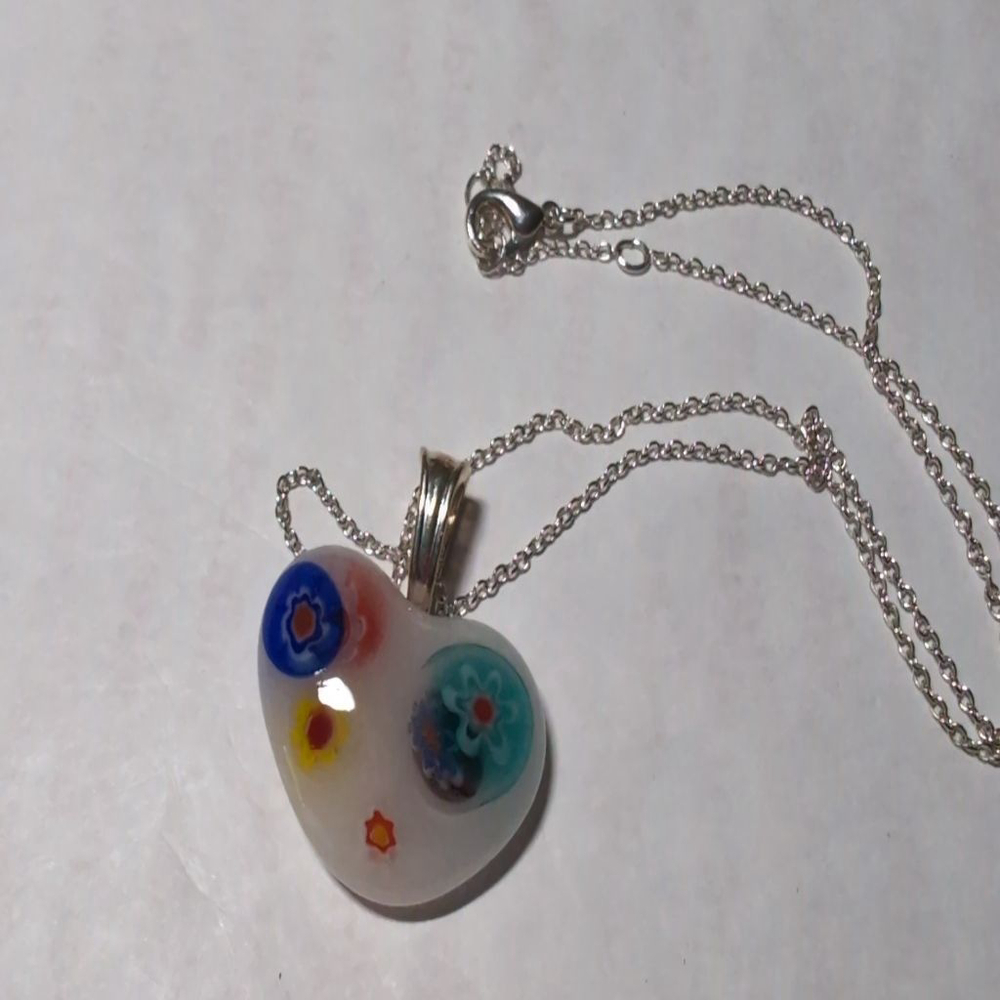 Handcrafted White Heart Full Fused Glass with Miflore Pendant